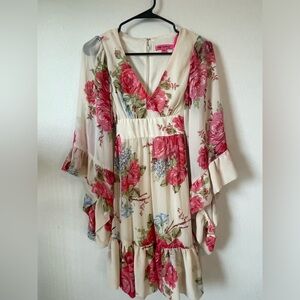 Betsy Johnson Bambi Bell Sleeve Floral Ruffle Dress - Cream with Pink Roses